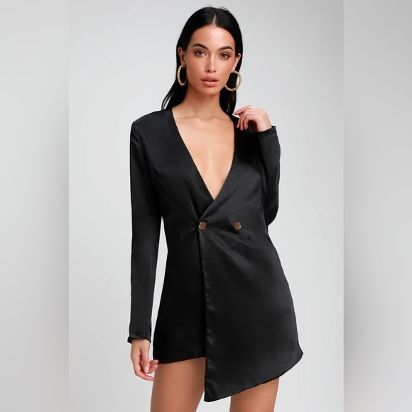 Lulu’s Sleek Surprise Black Satin Double Breasted Blazer Dress - Picture 1 of 11